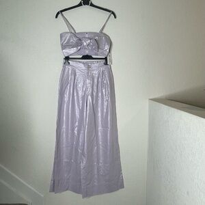 Jason Wu NWT 2 Piece Set Bow Crop Top Wide Leg Pants Women Sz M Purple Metallic